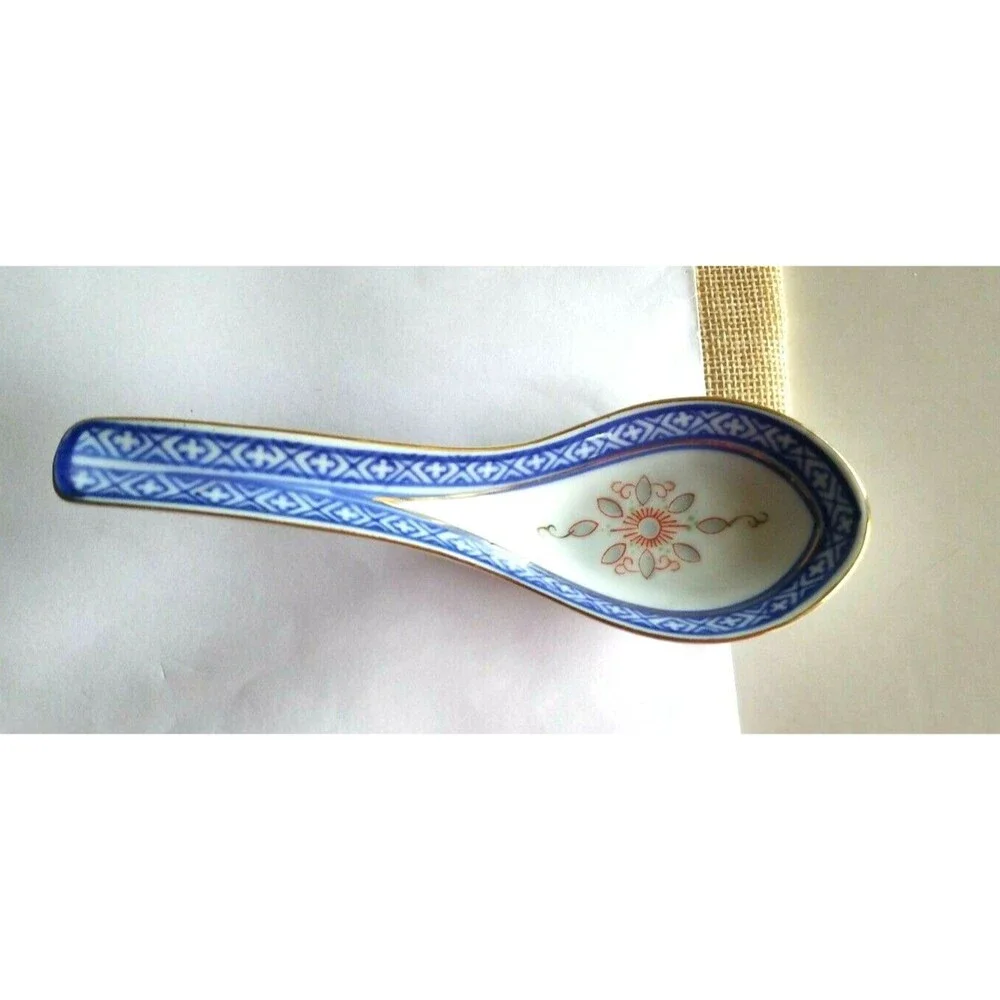 Vintage Porcelain Tienshan rice flower Spoon China, marked blue white red gold